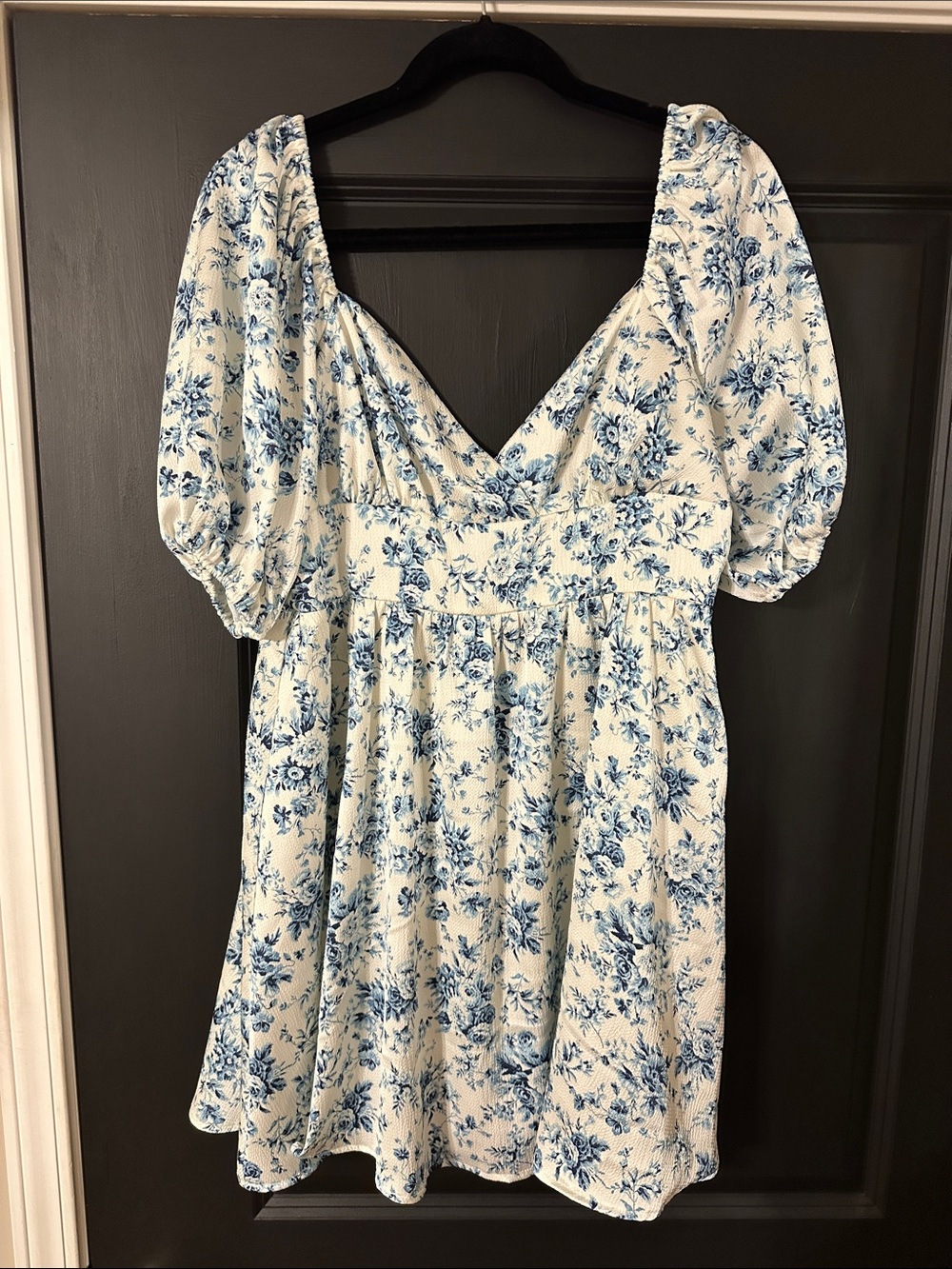 Altar'd State White and Blue Floral Puff Sleeve Mini Dress